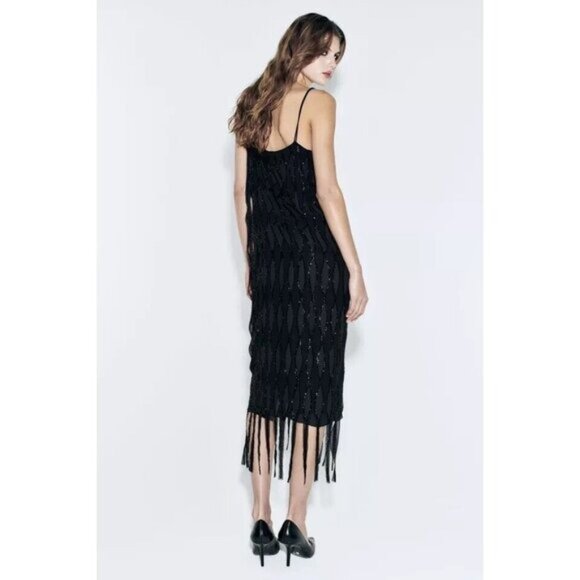 ZARA Sequin Cocktail Dress Black S Beaded Fringe Slip LBD 9363 122 Holidays New - Picture 2 of 16